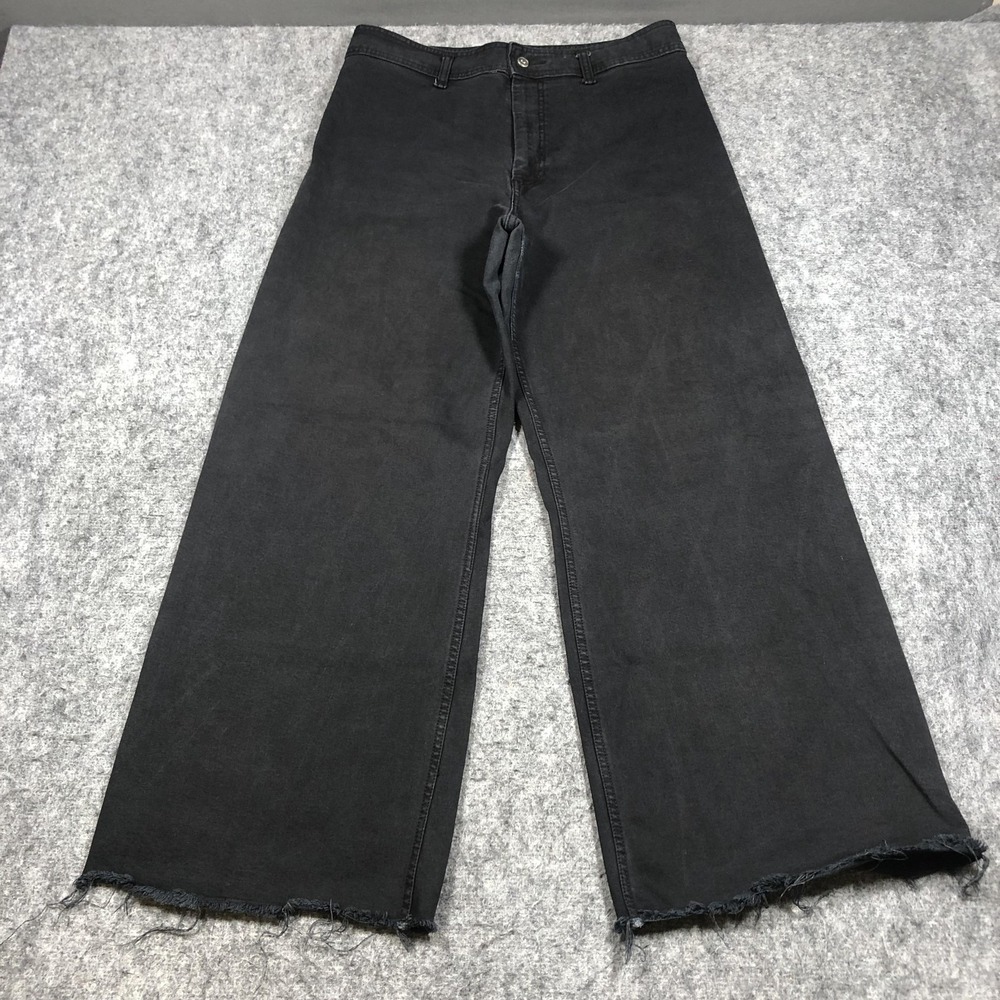Zara Jeans Womens 14 Black‎ Charcoal Wash High Rise Wide Leg Raw Hem Denim